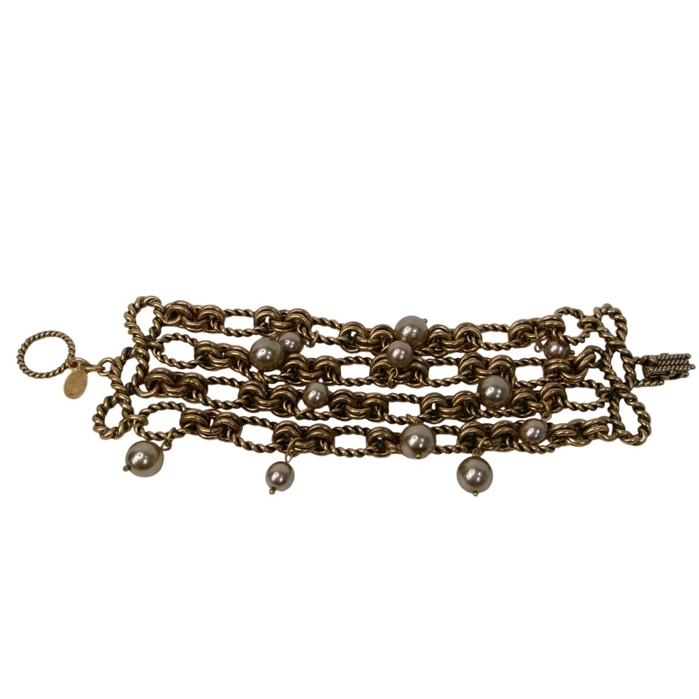 Chico's Chunky Gold Tone Adjustable Layered Chain Pearl Bracelet